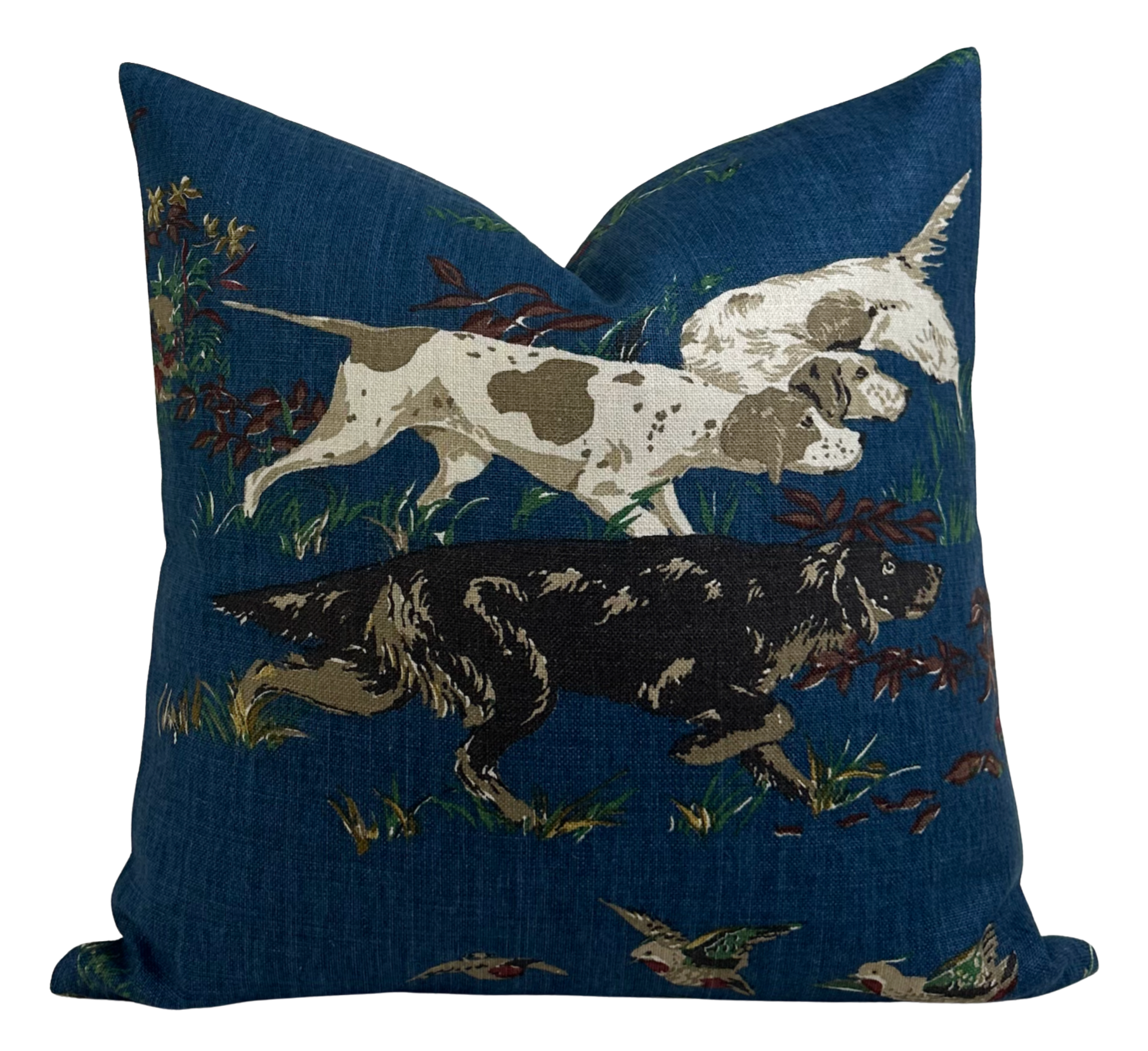 Pointers Pillow Cover in Navy Blue with hound pattern front and ivory linen back