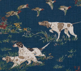 Textured navy blue fabric with a print of three white and brown hunting dogs pointing at flying pheasants amidst grass and flowers.