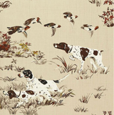 Beige fabric with a printed design of brown and white pointers and flying game birds among grass and foliage, in earthy brown and muted green tones.