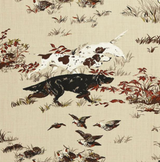 Brown fabric patterned with illustrations of black and white pointer dogs hunting near small bushes and flying quail birds.