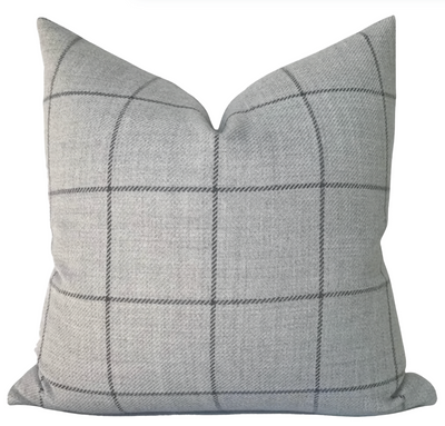 Bancroft Wool Pillow Cover in Fog Grey by DEKOWE, showing textured wool fabric front and ivory linen back