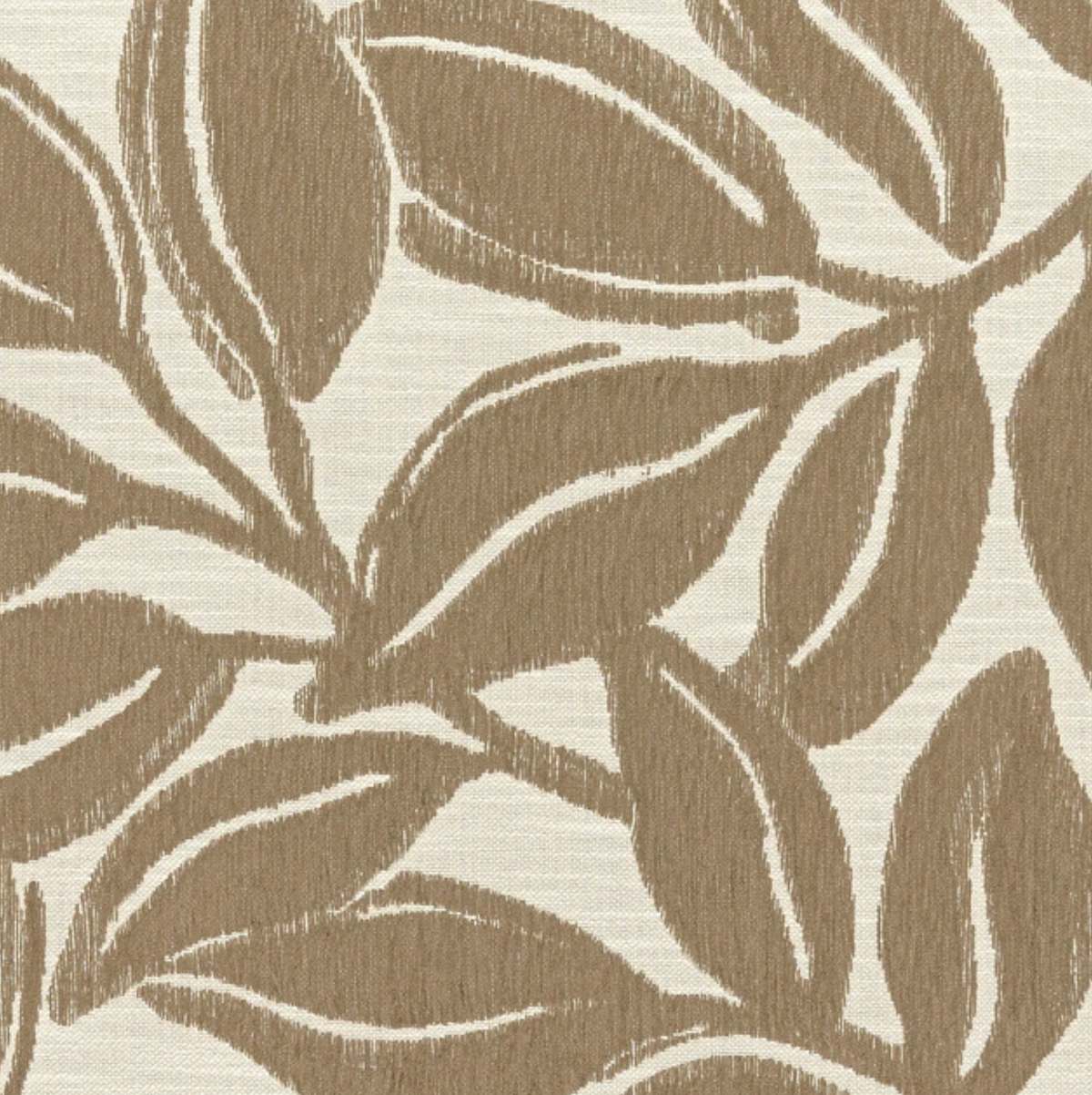 Close-up of a textured mocha-colored leaf pattern on a light beige fabric background, showing brushstroke-like details in a natural, organic arrangement.