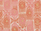 Textile pattern with melon and pink floral shapes arranged in a grid over a light pink background with abstract white lines.