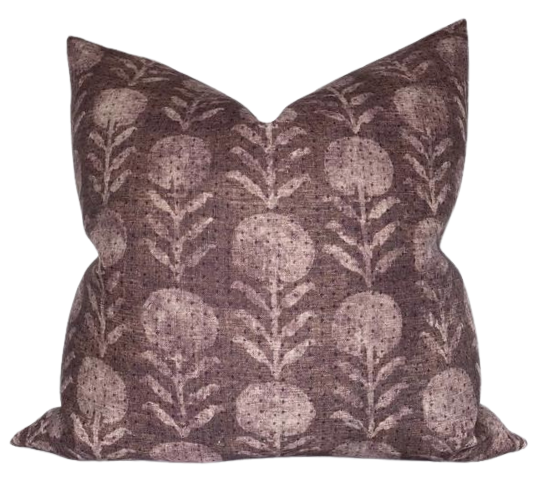Zinnia Pillow Cover in Berry showing floral front print and ivory linen back fabric