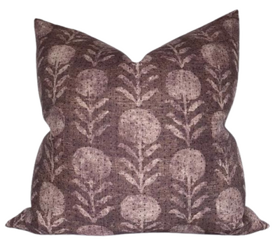 Zinnia Pillow Cover in Berry showing floral front print and ivory linen back fabric