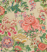 Beige fabric with colorful floral pattern featuring large coral and pink peonies, yellow blossoms, blue accents, and green leafy vines densely arranged.