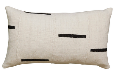 Dashes Print Mudcloth Pillow Cover in Ivory showing black dash pattern on textured ivory fabric