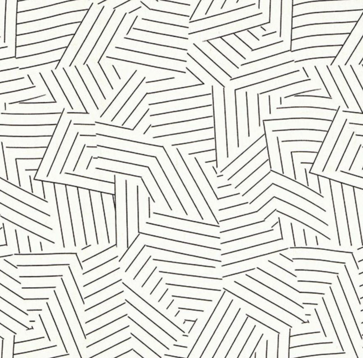 White pillow cover fabric featuring an abstract geometric pattern of irregular black stripes arranged in angular, zigzag formations.