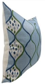 Pillow cover with a light blue background featuring wavy blue and green lines and alternating diamond-shaped panels filled with raindrop-like patterns in blue and green.