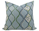 Blue Baltic Weave Pillow Cover by Peter Dunham Textiles, shown on sofa with blue and neutral tones
