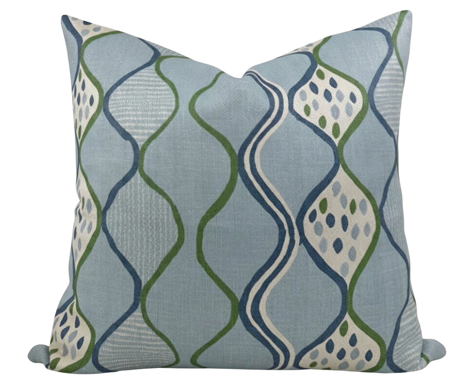Blue Baltic Weave Pillow Cover by Peter Dunham Textiles, shown on sofa with blue and neutral tones