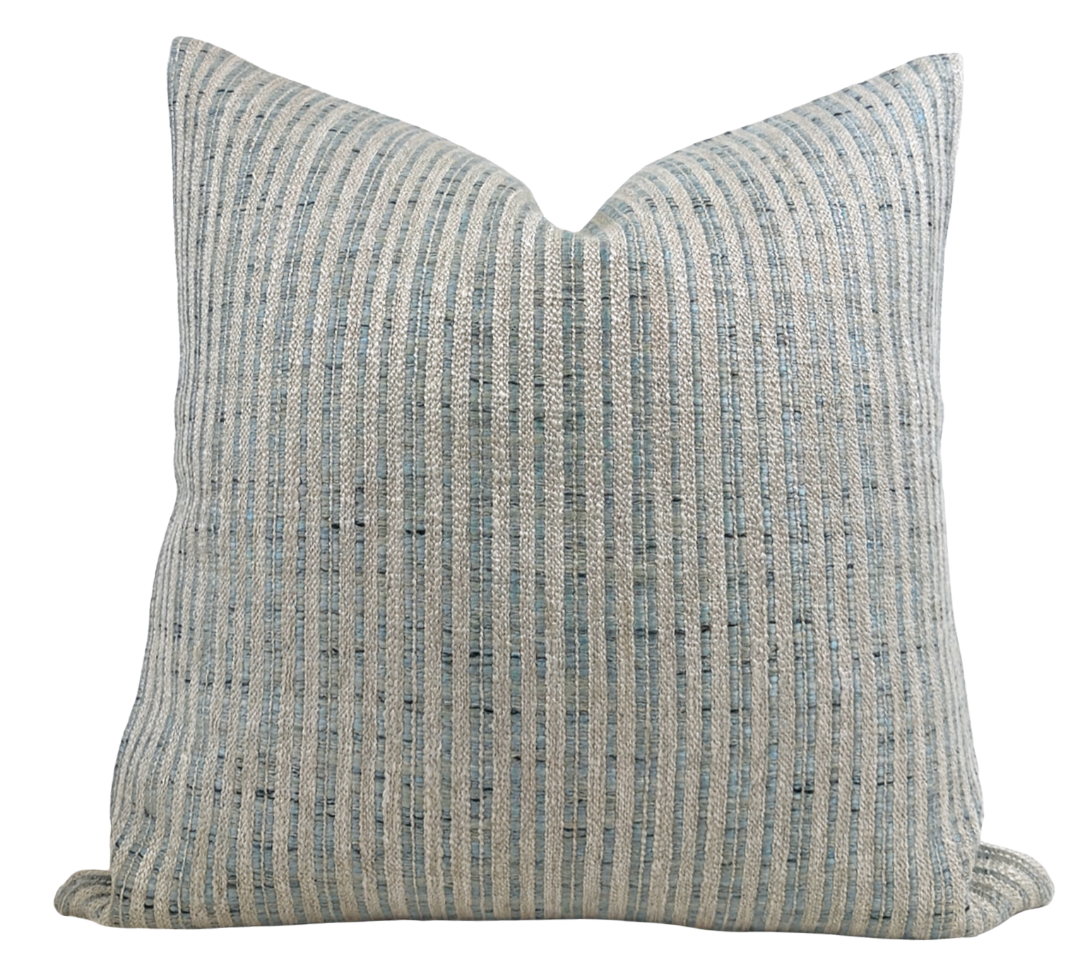 Unravel Pillow Cover in Aqua Blue with woven fabric front and ivory linen back, laid out flat