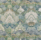 Pattern of overlapping stylized mountain shapes and curved wave-like lines in varying shades of green, blue, and beige on fabric.