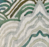 Close-up of woven fabric showing an abstract pattern with green, teal, beige, and brown curved lines on a light textured background.