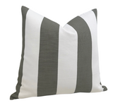 Square pillow cover with alternating wide vertical stripes in olive green and white, shown slightly angled against a white background.