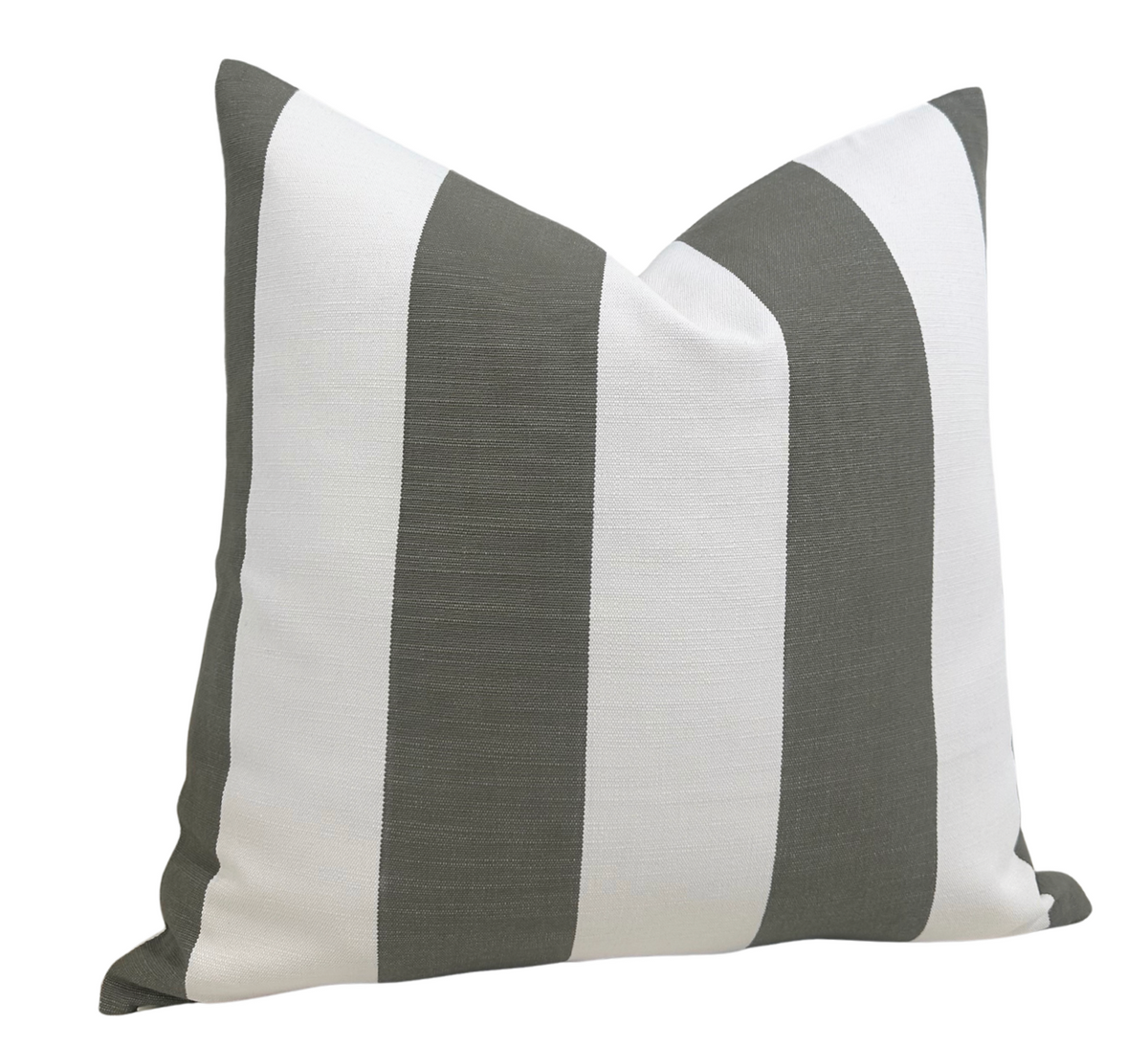 Square pillow cover with alternating wide vertical stripes in olive green and white, shown slightly angled against a white background.