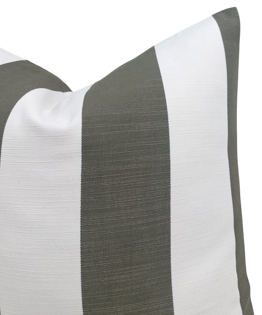 Close-up of a pillow cover featuring wide vertical stripes in olive green and white with a finely textured fabric weave.
