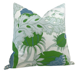 Carnival Parakeet pillow cover with floral pattern and ivory linen backing