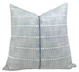 Madu Pillow Cover in Blue by DEKOWE showing blue printed fabric front and ivory linen back