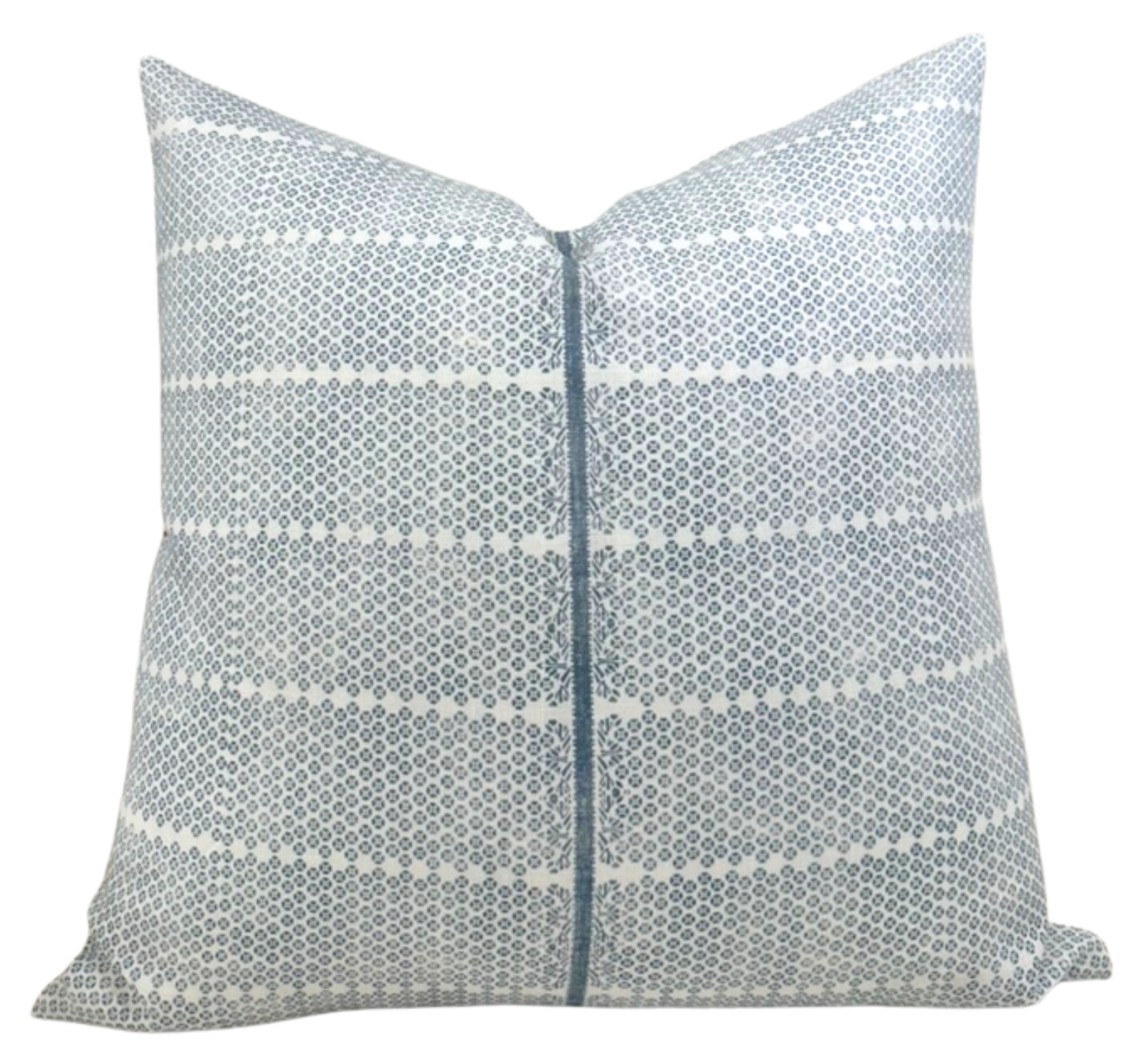 Madu Pillow Cover in Blue by DEKOWE showing blue printed fabric front and ivory linen back