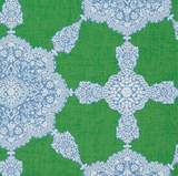 Intricate blue and white medallion patterns on a textured green background, forming a symmetrical design with floral and ornamental details.