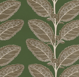 Pattern of detailed brown and beige leaves with textured veins on a muted wild sage green background, arranged along thin beige stems.