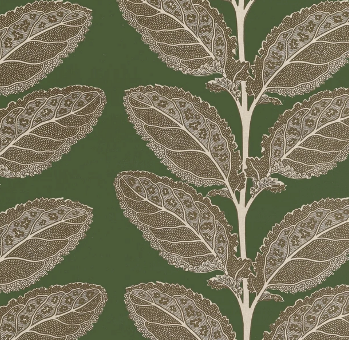 Pattern of detailed brown and beige leaves with textured veins on a muted wild sage green background, arranged along thin beige stems.