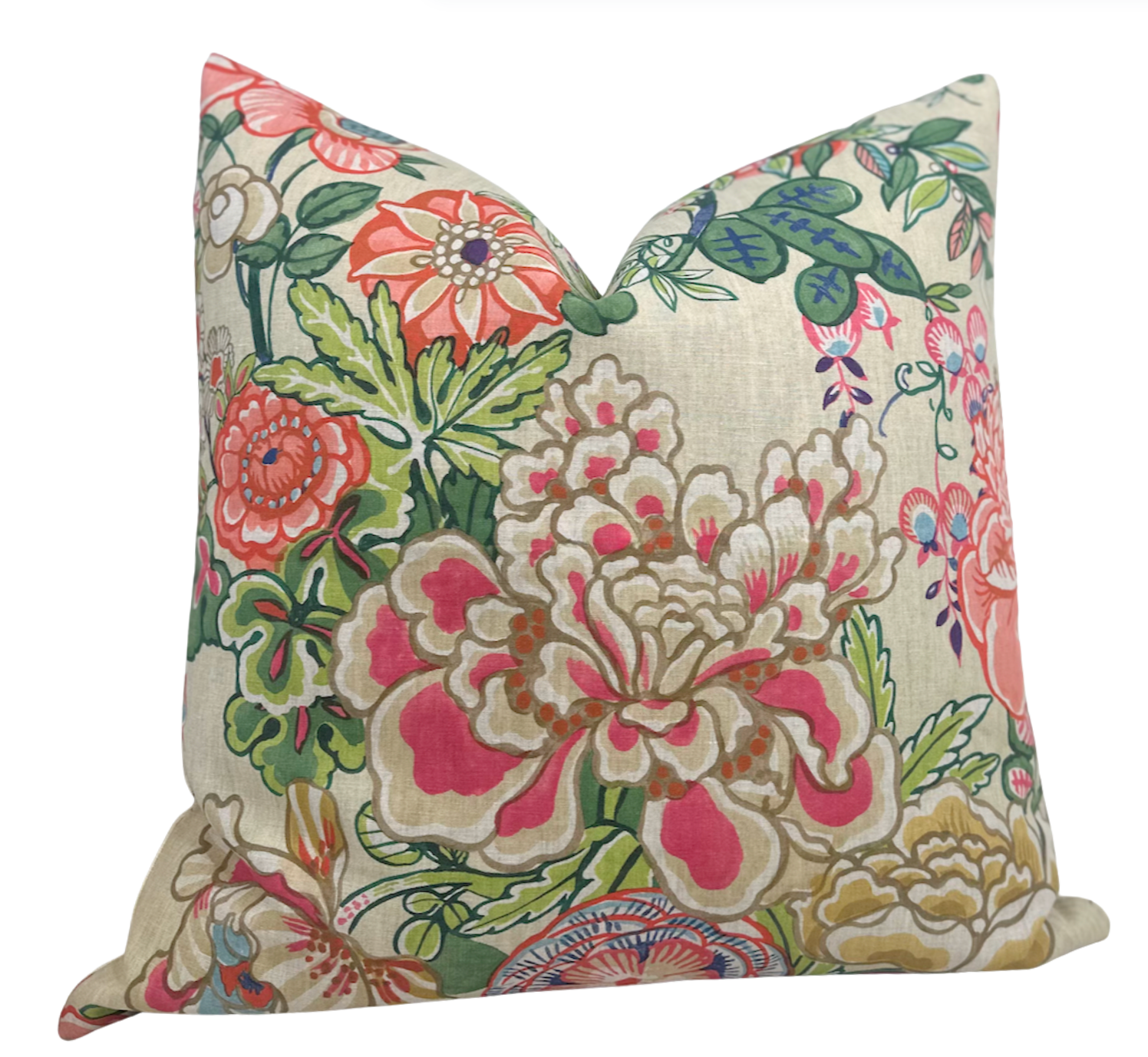 Beige pillow cover featuring Peony Garden floral pattern with ivory linen back, styled on sofa