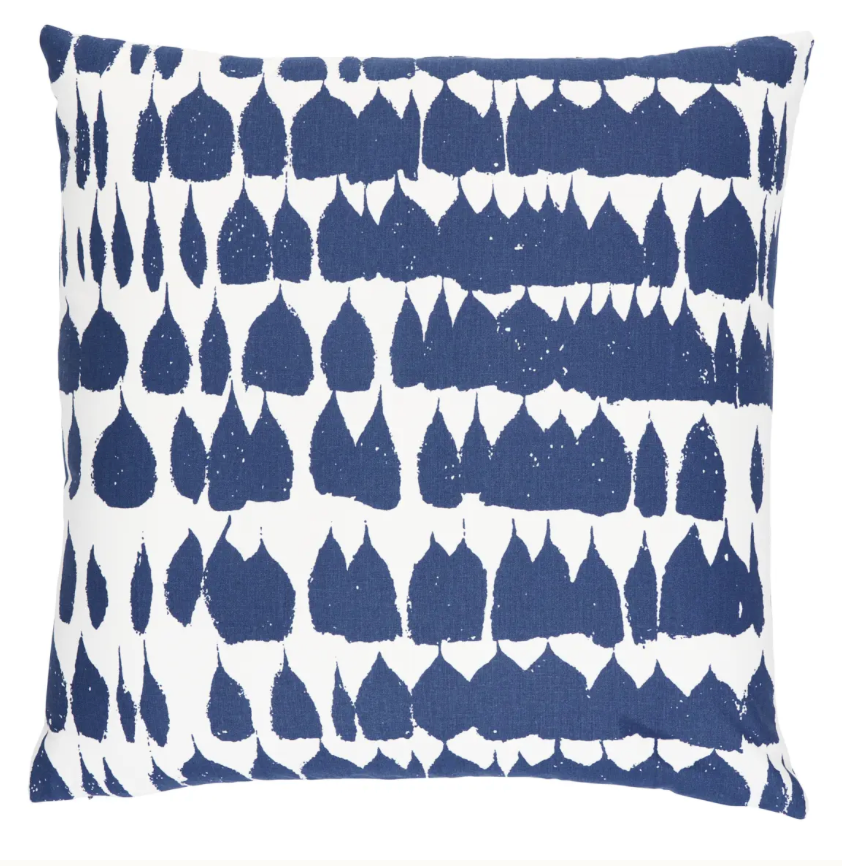 Queen of Spain Pillow Cover showing blue front fabric with decorative pattern and ivory linen back