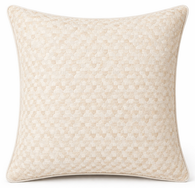 Ivins Woven Pillow Cover in Ivory with Schumacher textiles front and ivory linen back