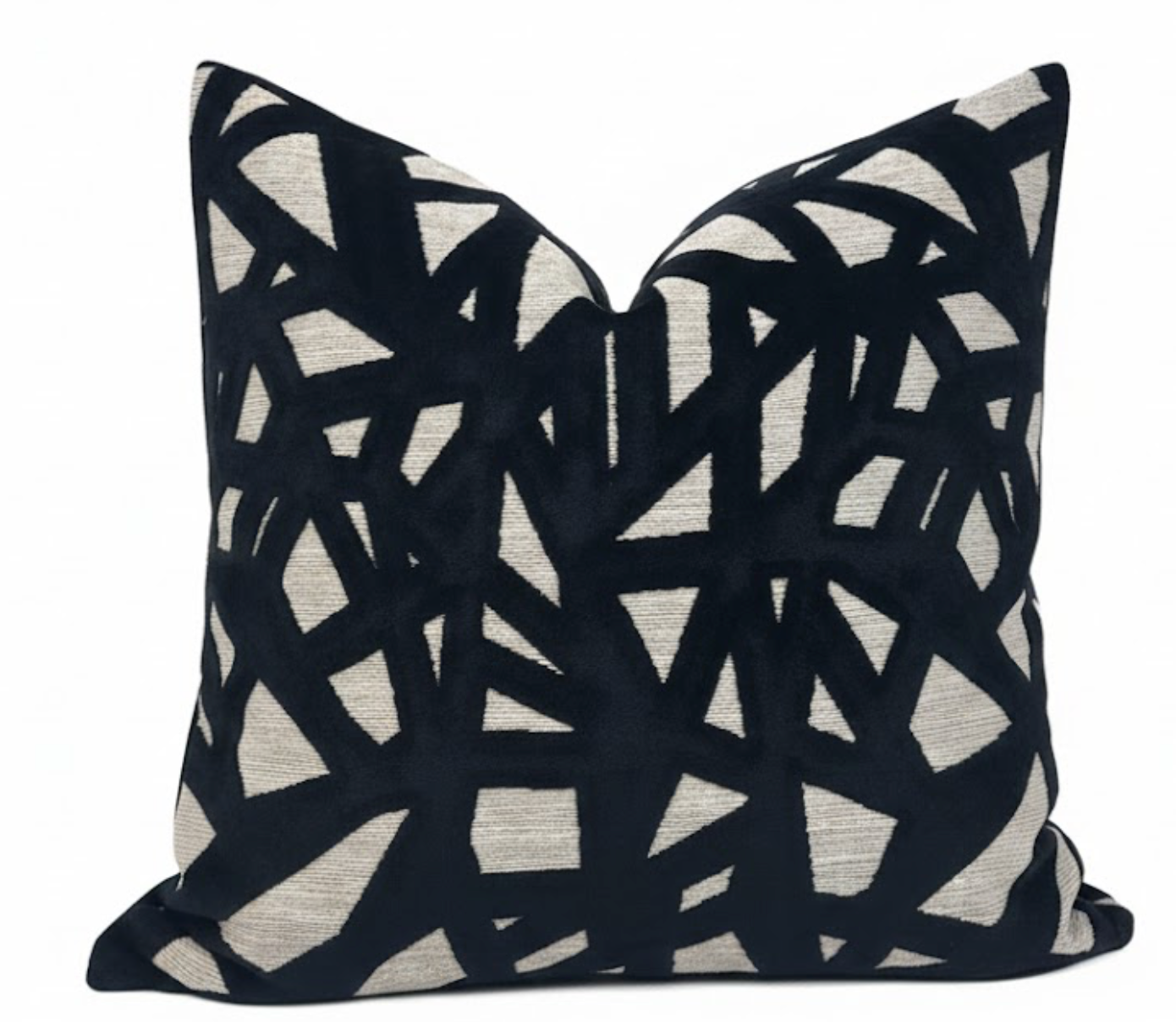 Abstract Velvet Pillow Cover in Black with visible zipper and linen back
