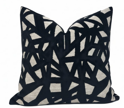 Abstract Velvet Pillow Cover in Black with visible zipper and linen back