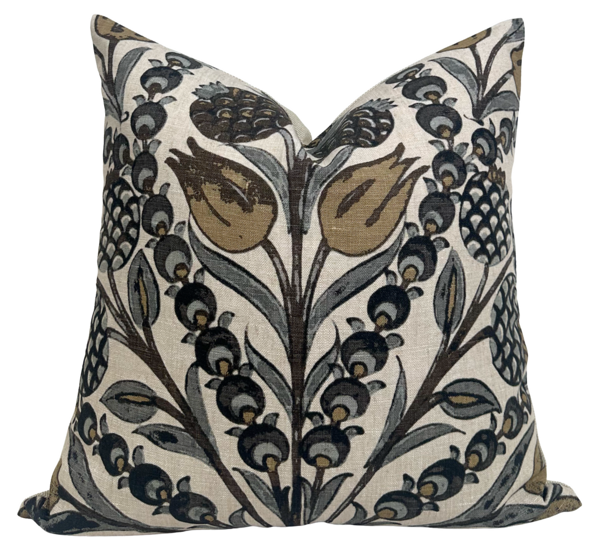 Square pillow with an intricate botanical pattern featuring gold and grey tulip-like flowers and leaves on a light background.
