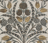 Floral fabric pattern with stylized gold and gray pinecone-shaped flowers and leaves on a beige background, arranged symmetrically around a central stem.