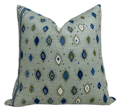 Close-up of Oona Pillow Cover in Ocean Indigo showing printed fabric texture and ivory linen back