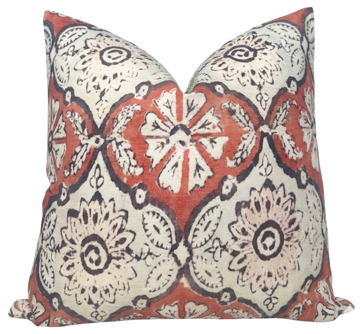Minnie Maharani Pillow Cover in Ruby Red, showing intricate pattern and ivory linen backing