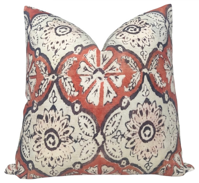 Minnie Maharani Pillow Cover in Ruby Red, showing intricate pattern and ivory linen backing