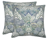Pair of square pillow covers with abstract mountain and wave patterns in shades of green, blue, and gray on a white background.