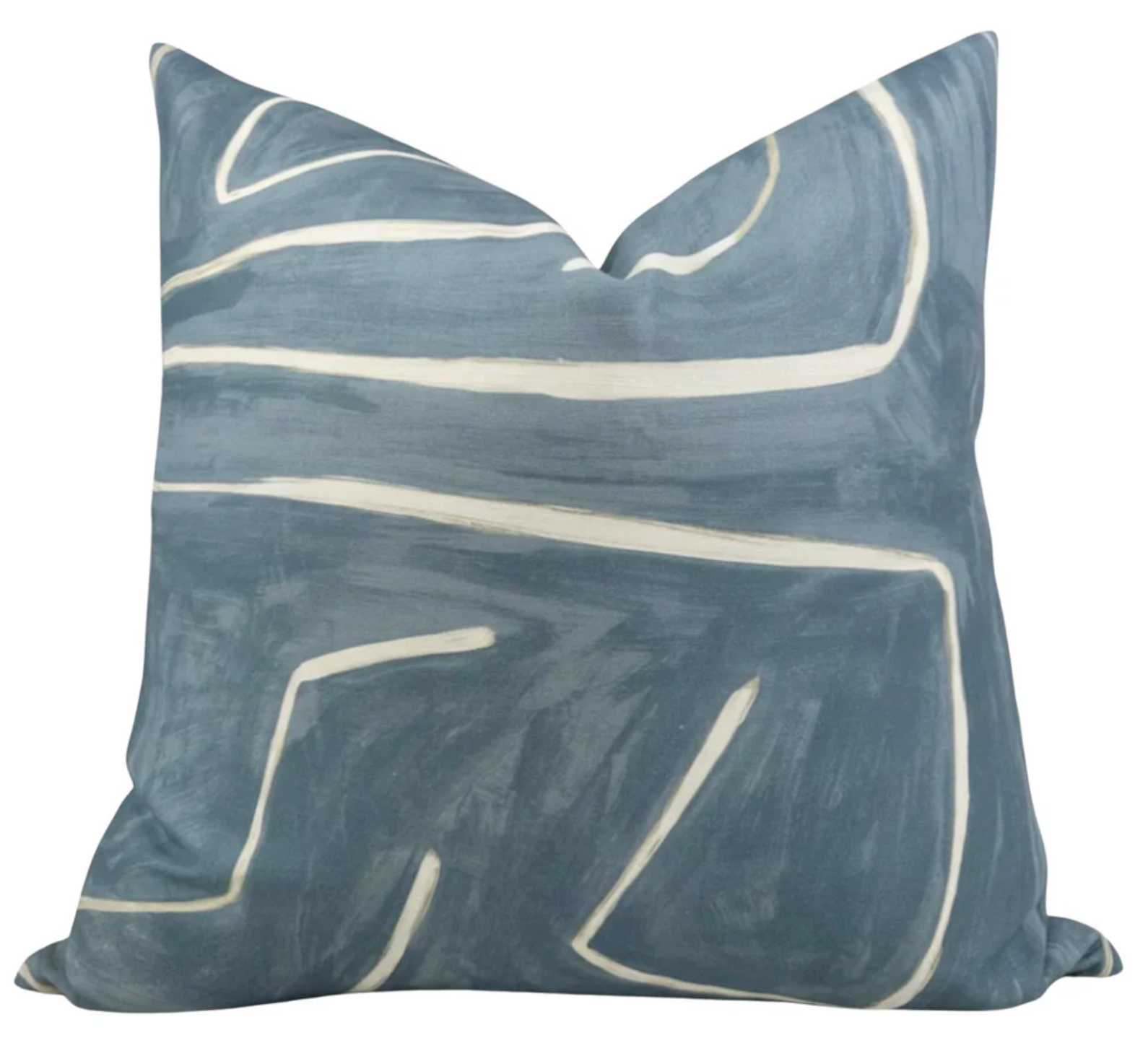 Graffito pillow cover in sky color displayed on a neutral surface, showing textured linen fabric and finished invisible zipper