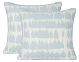 Two rectangular pillows with sky blue and white abstract leaf-like pattern and piped edges, arranged to show front and back sides.