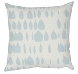 Square pillow cover with a white background featuring a scattered pattern of soft sky blue leaf shapes in various sizes.