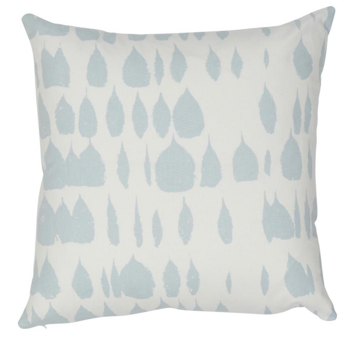 Square pillow cover with a white background featuring a scattered pattern of soft sky blue leaf shapes in various sizes.