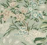 Floral fabric pattern with sage green background featuring clusters of beige, teal, and white flowers with detailed green leaves and stems in a meadow-inspired design.