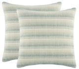 Pair of rectangular pillow covers with horizontal stripes in soft lichen green and off-white, displaying a subtle woven texture and muted color gradient.