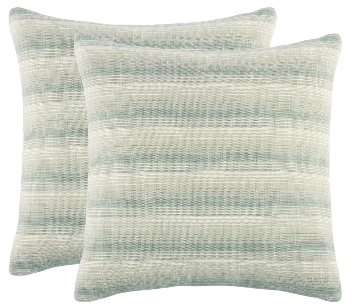 Pair of rectangular pillow covers with horizontal stripes in soft lichen green and off-white, displaying a subtle woven texture and muted color gradient.