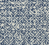 Close-up of indigo blue Sarong Weave textile featuring intricate traditional geometric and floral patterns on a natural cream background.