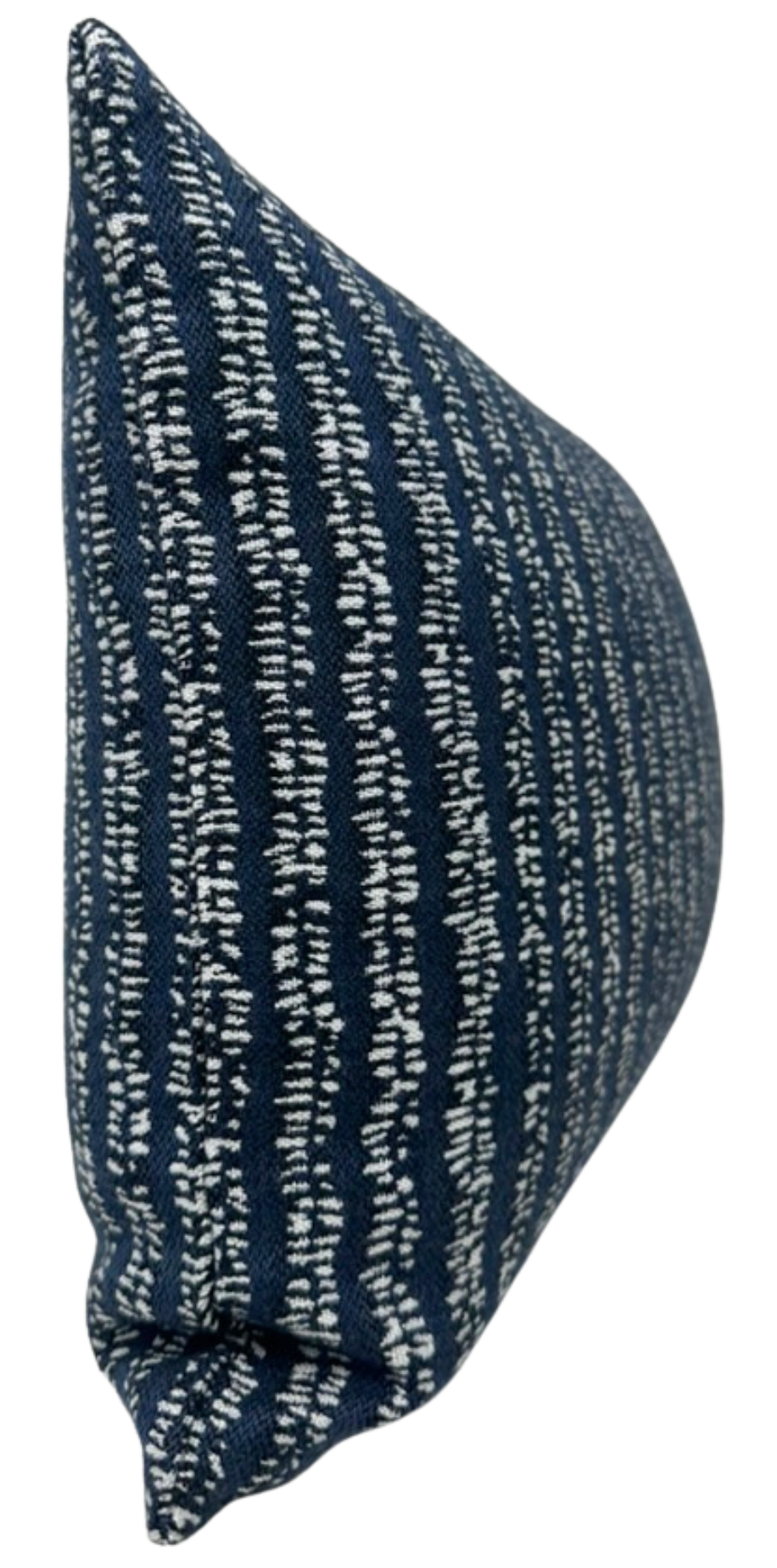 Side view of a rectangular pillow cover with a woven Atlantic blue background and vertical white irregular dash patterns.