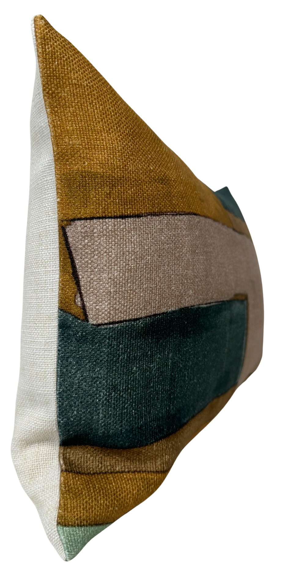 Rectangular pillow with a textured tobacco-colored top section, beige middle stripe, and dark green bottom panel against a cream fabric side panel.
