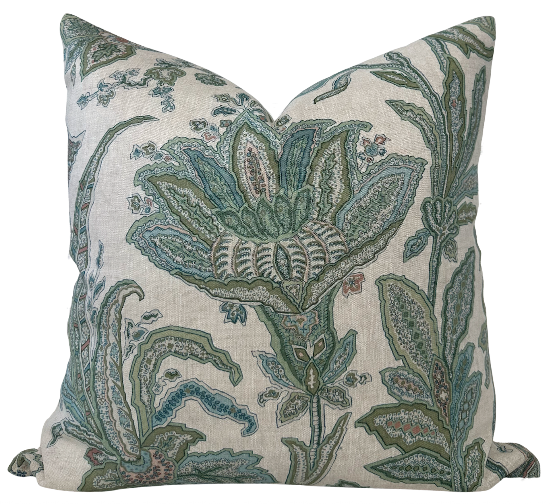 Breckenridge Floral Pillow Cover in Sage showing front floral linen side and natural ivory linen back
