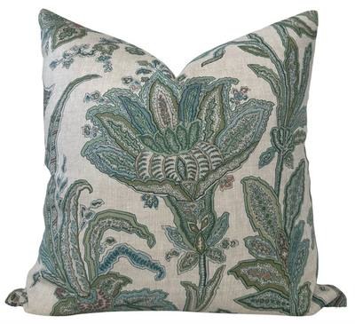 Breckenridge Floral Pillow Cover in Sage showing front floral linen side and natural ivory linen back